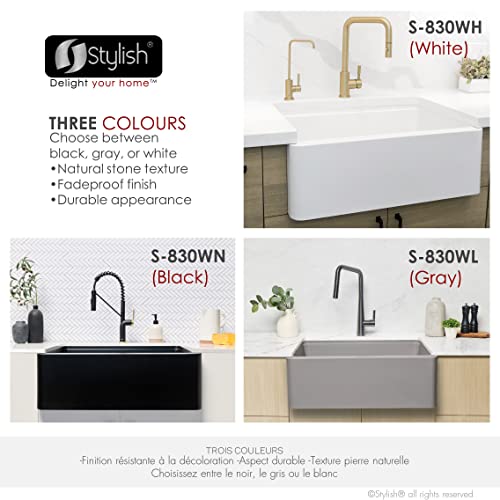 Image of Stylish 30 x 21 Inch Farmhouse Composite Granite Apron Front Workstation Kitchen Sink, Single Bowl Undermount /Flush-Mount, 10 in Deep, with Cutting Board, Colander & Strainer, White, S-830WH