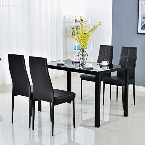 Bonnlo Modern Dining Table Set, 5 Piece Black Glass Kitchen Table and PU Leather Chairs for Small Spaces, Easy to Clean, Rust-Resistant Metal Frame