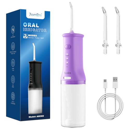7AM2M Portable Cordless Water Flosser Oral Irrigator with 3 Modes & 2 Tips Fast Rechargeable IPX7 Waterproof Dental Water Flosser for Travel and Home Use (Purple)