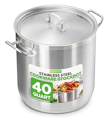 NutriChef Stainless Steel Stock Pot with Lid 40 Qt | Non-Reactive 8/8 Interior Induction Pot with Even Heat Base | Compatible with Gas Ceramic and Halogen Cooktops | 500F Max 20.45 x 15.3 Inches