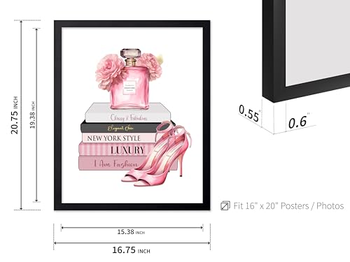 Image of Poster Master Fashion Print - Pink Designer Poster - Shoes & Perfume Art - Chic Gift for Her & Fashionista - Luxury Haute Couture Decor for Bedroom or Girl's Room - 16x20 Black Framed
