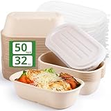Gdotmely Paquete de 50 recipientes desechables para preparación de comidas con tapas, cuencos de papel de 32 onzas con tapas, cuencos de papel de fibra de caña de azúcar, recipientes compostables para