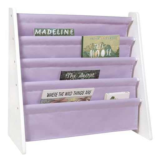 Image of Wildkin Wooden Sling Bookshelf for Kids – Premium Canvas Design with 4 Fabric Shelves, Organizer for Home or Classroom - White w/Lilac