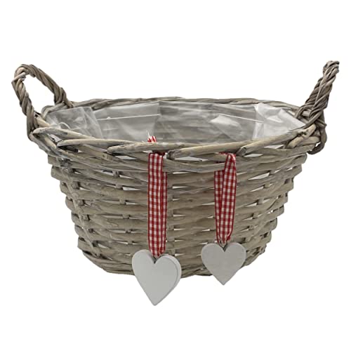 Panier à plantes en osier pour planter ou décorer avec 2 pendentifs en forme de cœur et insert en aluminium, poignée pratique (Ø 25 cm) Cover