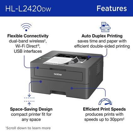Brother HL-L2420DW Wireless Compact Monochrome Laser Printer with Duplex, Mobile Printing
