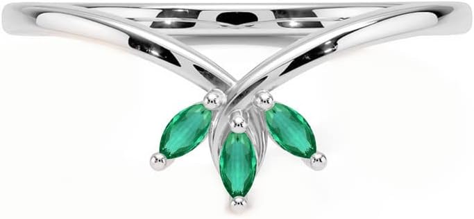 Marquise Cut Green Emerald 3 Stone V Shape Wedding Band For Women, 14k Gold Finish Green Emerald Matching Contour V Shape Ring