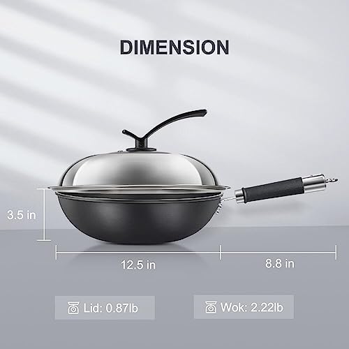 Kakulo 12 Inch Wok Stir Fry Pan With Lid, Carbon Steel Wok Pan With Lid, Iron Cast Wok Iron Skillet Iron Wok Pans With Flat Bottom, Carbon Steel Fry Wok With Detachable Handle - Induction Compatible #TOP2