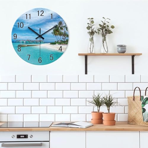 Image of XFM Blue Beach Wall Clock 16 Inch Silent Coastal Nautical | Non-Ticking Battery Operated Modern Glass Decorative for Living Room Kitchen Bedroom Office