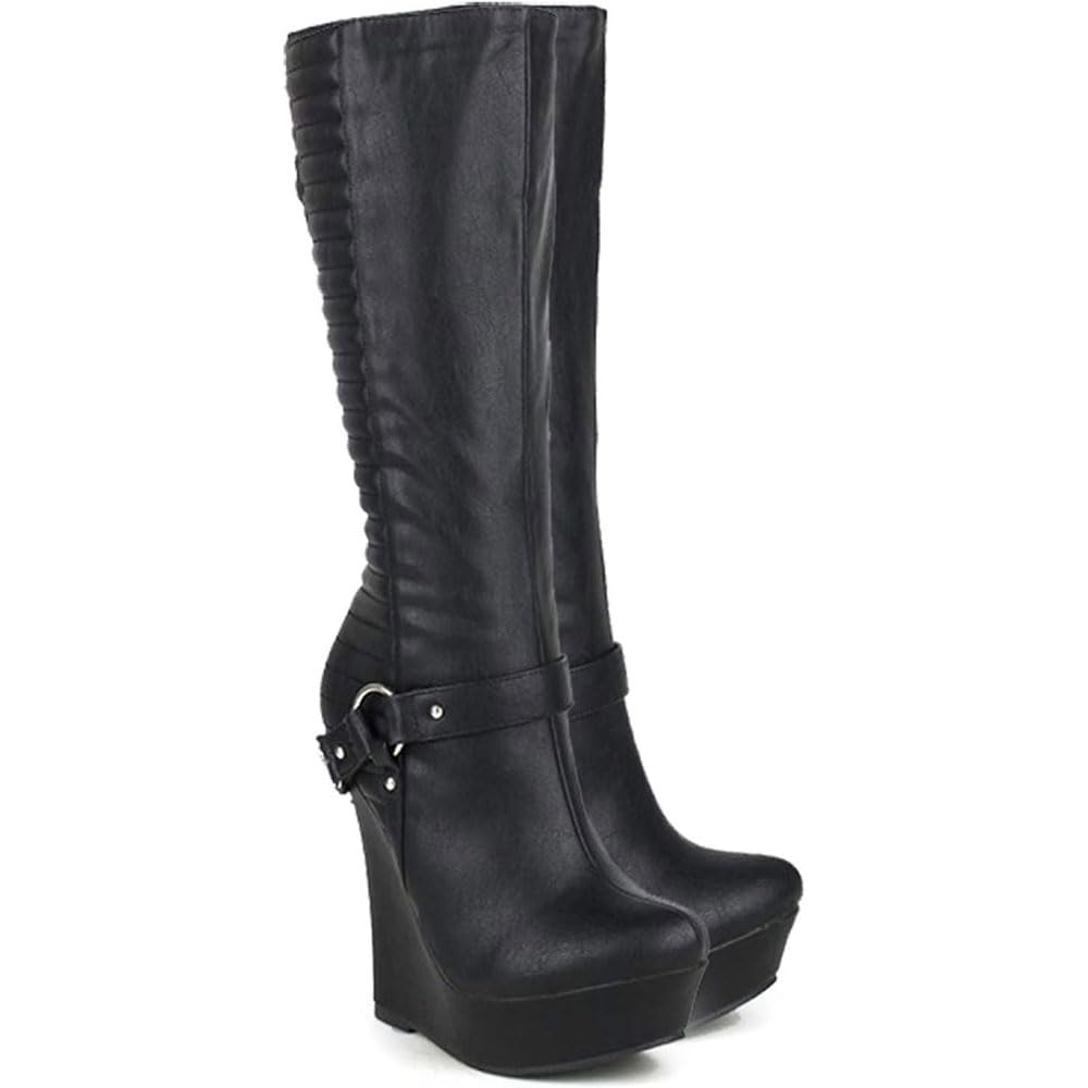 Stivali da moto invernali con tacco alto Stivali con zeppa a tubo ﻿medio Stivali da donna Cintura con catena in metallo Piattaforma impermeabile scarpe/Black/35EU