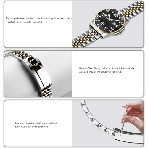 Image of Juntan Screw-in Stainless Steel Watch Band 20mm 21mm 22mm for Men Women, Curved End Straight End Metal Watch Strap with Oyster Buckle, Taperd Replacement Jubilee Bracelet Silver Gold