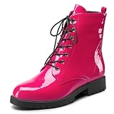 Usikall Womens Block Low Heel Round Toe Ankle Boots Short Bootie Slip-on Lace-up Boots Casual Basic Classic Patent Leather 1.4 Inches Shoes Magenta 10 M US