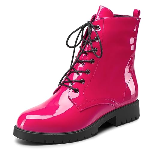 Usikall Womens Block Low Heel Round Toe Ankle Boots Short Bootie Slip-on Lace-up Boots Casual Basic Classic Patent Leather 1.4 Inches Shoes Magenta 10 M US
