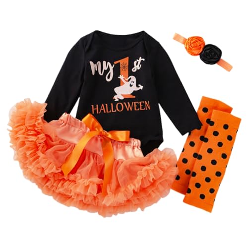 AIMAOMI 4Pcs My 1st Halloween Newborn Baby Girl Pumpkin Romper Dress Tutu Onesie Infant Halloween Outfits Fall Winter Clothes(Orange, 0-3 Months)