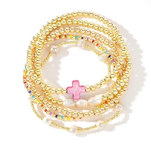 SHINUS BOHO 14K Gold Pearl Beaded Cross Bracelets Stack Set for Women,Stretch Boho Colorful...