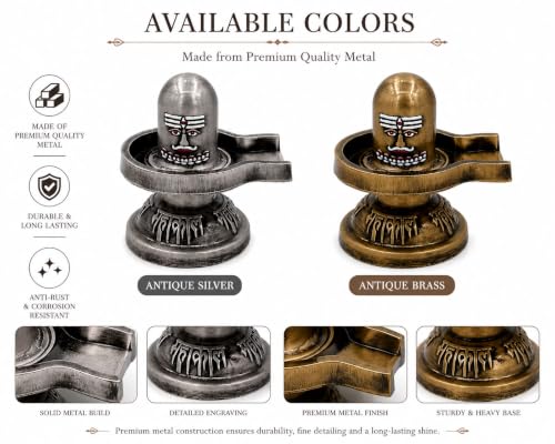 Image of Metal Shivling for Home Puja | Antique Brass Finish Shiv Ling Murti | Mahakal Shivling Idol for Temple, Office Desk & Meditation | Shiva Lingam Spiritual Gift (Silver Metal Shivling)