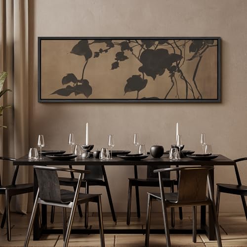 Image of MUDECOR Large Framed Canvas Print Wall Art Minimalist Shadow Leaves Neutral Botanical Silhouette Antique Retro Ready to Hang Painting for Living Room Bedroom Multi-Sizes - 60 inchx20 inch