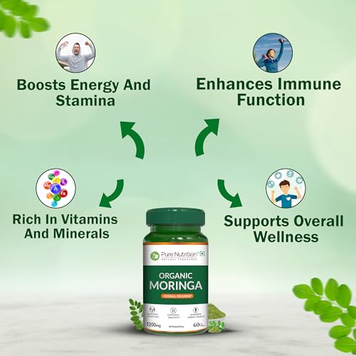 Image of Pure Nutrition Organic Moringa Tablets with 1200mg Leaves Extract | Moringa Tablets for Healthy Digestion, Immunity, Energy Levels & Detox - 60 Veg Tablets