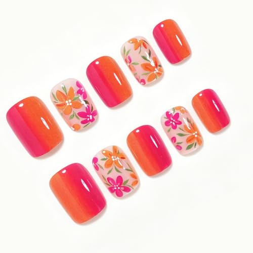 Image of Flower Press on Nails Orange Ombre Fake Nails Short Square Nails Press ons