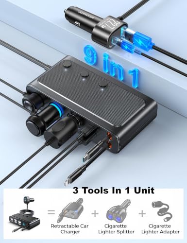 Image of 227W 9 in 1 Cigarette Lighter Splitter, PD36W *2 & QC3.0 Fast Car Charger | Retractable USB C Fast Charger, 12V /24V Car Charger, 31.5IN Retractable Cords & 39.6IN Extension Cord, LED Voltage Display