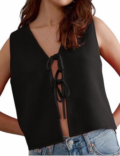 Women's Tie Knit Vest Crochet Sleeveless Open Front Cardigan Sweater Vest Top
