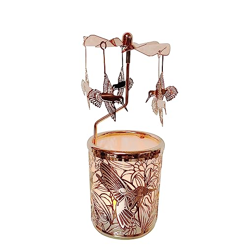Kingnero Rotary Candle Holder Metal Spinning Windmill Candlestick Carousel Candle Tea Light Holder for Home Decoration for Mom Women Wife Children (Rose Gold Hummingbird)
