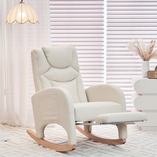 ALAKFORM Rocking Chair Nursery with Foot Rest,Upholstered Teddy Glider Rocker with Wood Legs, Nursing Rocking Chair for Living Room/Nursery,Beige