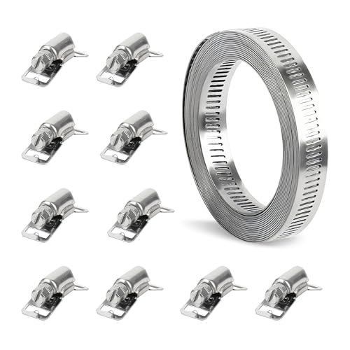 Gotetiso Colliers de Serrage DIY Inox 304 5m Bande Perforée en Métal avec 10 Fixation Clips Collier à Vis Sans Fin Ajustables Collier Durite Serrage Réglable pour Tuyaux Piscine Jardin Machine à Laver