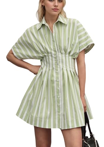 Image of calbatic Women Button Down Pleated Shirt Dress Striped Short Sleeve Summer Casual Business Flowy Mini Short Dress