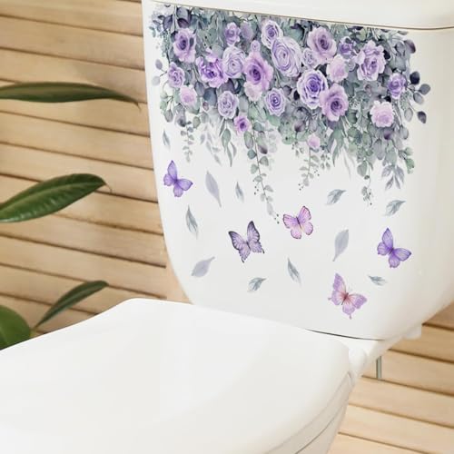 2 Blätter Lila Blume Aufkleber Pflanze Rose Schmetterling Deckel Abziehbilder Selbstklebend Badezimmer Wanddekoration Deckel Abziehbilder WC Zubehör