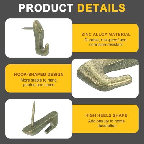 Image of uxcell 10 Pcs Push Pin Picture Hooks, Zinc Alloy Picture Hanging Nails Thumb Tacks Hanging Hooks with Nails for Wall Wooden Board, Bronze