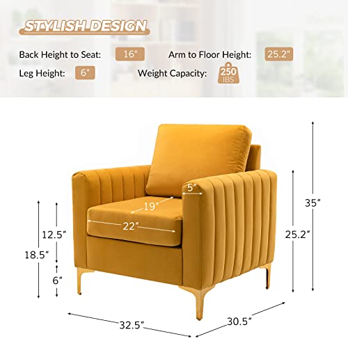 Hulala Home Velvet Accent Club Chair, Modern Velvet Armchair Upholstered Accent Club Chair Sofa Chair With Gold Steel Legs Mid-Century Barrel Leisure Chair Comfy Reading Chair, Mustard #TOP1