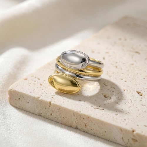 dnswez Gold Silver Chunky Statement Ring for Women, Sculptural Concave Ring, 14K Gold Plated Stackable Minimalist Fashion Jewelry Gifts (Gold, 7) by dnswez - Used condition - Image 6