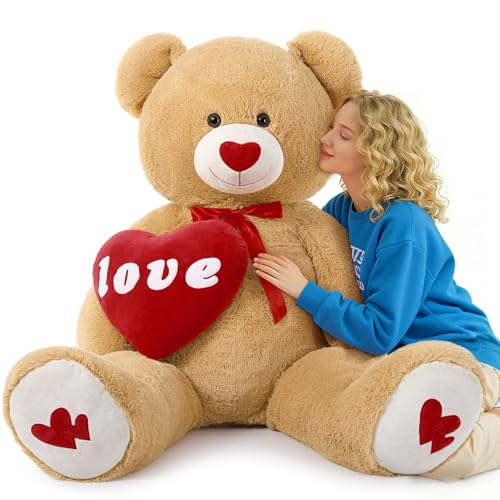 MorisMos Love Heart Giant Teddy Bear 4.3ft, I Love You Large Bear for Girlfriend, Soft Valentine Stuffed Animals Plush Gift for Boyfriend, Brown, 51Inch