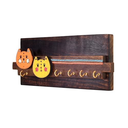 Image of Aakriti Art Creations Key Holder, Meow Key Hanger with Cat Motifs and Beautiful Artwork | Rustic Wooden Wall Organizer with 5 Hooks | Storage Shelf For Keys, Hats | Multifunctional Entryway Decor Item