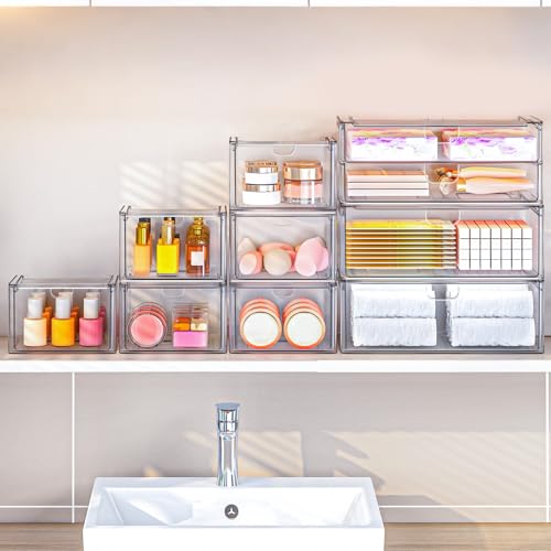 Image of caktraie Acrylic Stackable Storage Drawers Set of 6, Clear Plastic Storage Drawer Organzier, Storage Organizer, Makeup Organizer,Ideal for Vanity, Bathroom,Cabinet,Pantry Organization