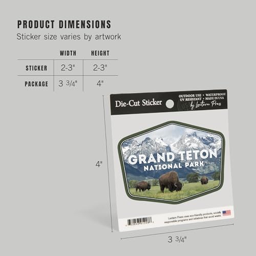 Image of Lantern Press Sticker Grand Teton National Park, Wyoming, Buffalo and Mountain Scene, Die Cut Vinyl, (Waterproof Decal for Cars, Water Bottles, Laptops, Coolers), Small