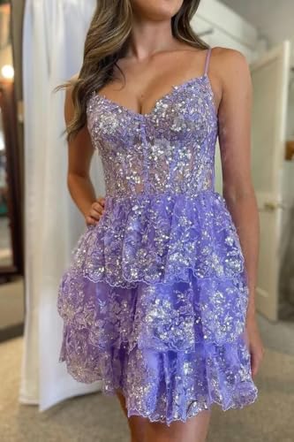 Spaghetti Straps Tiered Sequin Homecoming Dresses 2023 Lace Short Prom Dress for Teens A Line Sparkly Cocktail Gown4