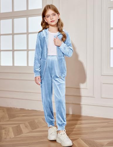 Image of Arshiner 2 Piece Outfits for Girls Kids Velour Tracksuit and Jogger Set | Size 5-14Y, Velvet Sweatsuit with Zipper for Fall /Winter, Suit for School, Workout, Jogging, or Casual Occasions