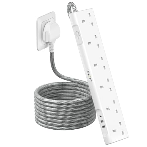 LENCENT Extension Lead with USB C Port, 3250W 13A, 6 Way Outlets Power Strip with 1 USB-C and 2 USB Slots, Multi Power Plug Extension with 1.8M Braided Extension Cord for Home Office, White