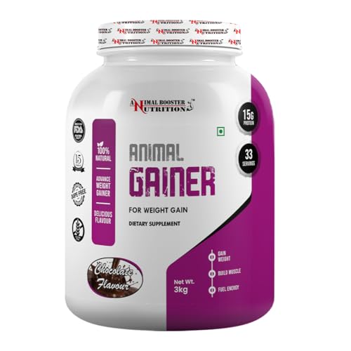 Image of Animal Booster Nutrition WEIGHT GAINER | 15gms of Protein in 90gm of Serving| For Gain Weight, Build Muscle & Fuel Energy - Chocolate (33Servings /3KG)