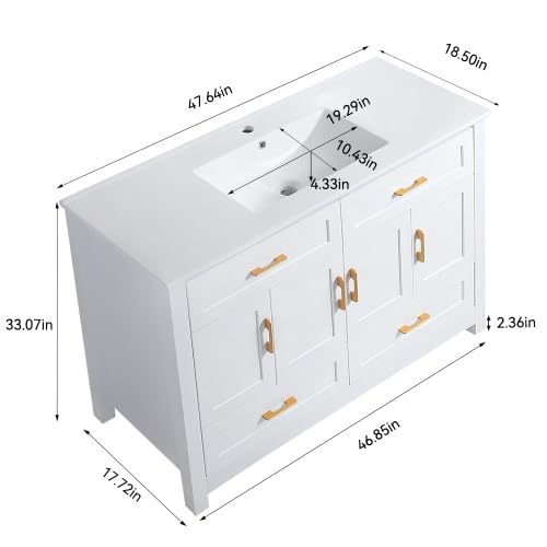 Image of KEIKI 48 inch Bathroom Vanity with Sink, Freestanding Storage Cabinet with 4 Soft Closing Doors & 4 Drawers, Solid Wood Frame, Modern Design, White