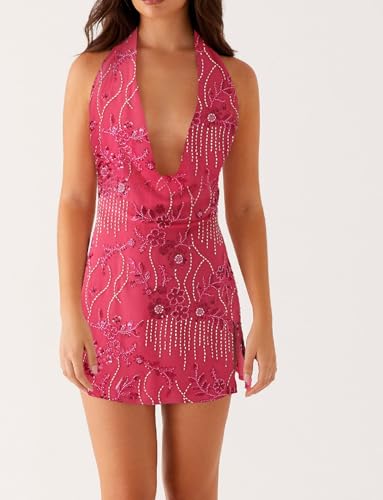 Image of Women Halter Low Neck Mini Dress Sexy Cutout Sleeveless Boho Short Dresses Open Back Night Party Going Out Sundress
