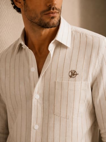 Image of Men's Lilan Vertical Stripe Regular Fit Full Sleeve Shirt with Chest Pocket | Cream Beige Casual Shirt