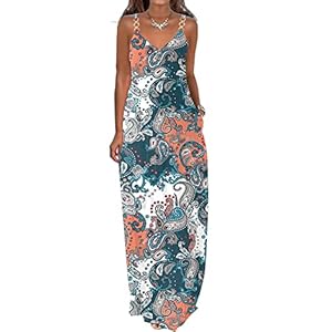 ETCYY Women’s Sexy V Neck Summer Dress Beach Causal Colorblock Sleeveless Spaghetti Strap Maxi Dresses with Pockets