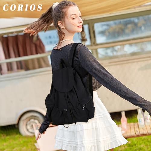 Women Casual Daypacks Canvas Backpack Drawstring Rucksack for Outdoor Travel College University Campus Black2