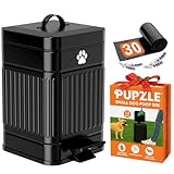 Pupzle Small Dog Poop Trash Can Outside, 1.3 Gal Metal Dog Waste Trash Can, Small Poop Bucket Outdoor with Lid, Poo Container Bin Waterproof Backyard Odor Control, 30 Bags (Black)