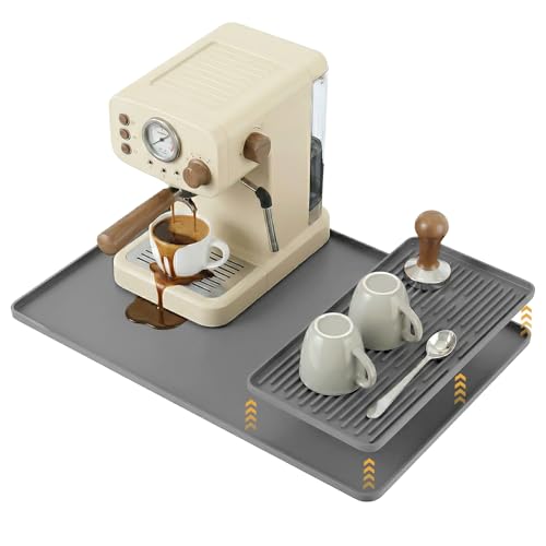 Image of ZJWZLG Silicone Coffee Mat for Countertop, 24x16 inch Heat Resistant Espresso Machine Mat, Non-Slip Coffee Bar Mat with Detachable Drying Area and Raised Edge, Waterproof Station Pad - Grey