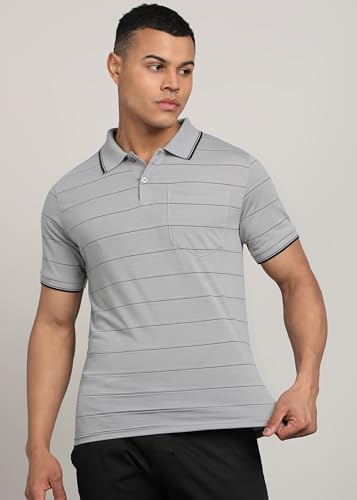 Image of INKKR Men Striped Polo Neck Cotton Blend T-Shirt