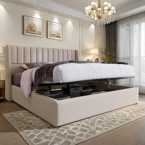 FEEOHOME Lit Coffre 160 x 200 cm, lit Double rembourré, Lit 2 Personnes avec Espace de Stockage hydraulique et sommier à Lattes, Cadre de Lits pour Adulte...