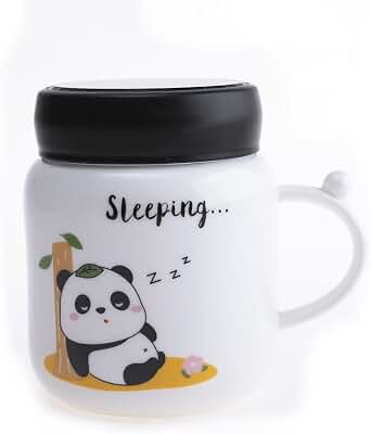 lachineuse - Taza Zen Panda de 420 ml con tapa de rosca - Estilo asiático japonés - De porcelana - Para té, café y bebidas calientes - Color blanco